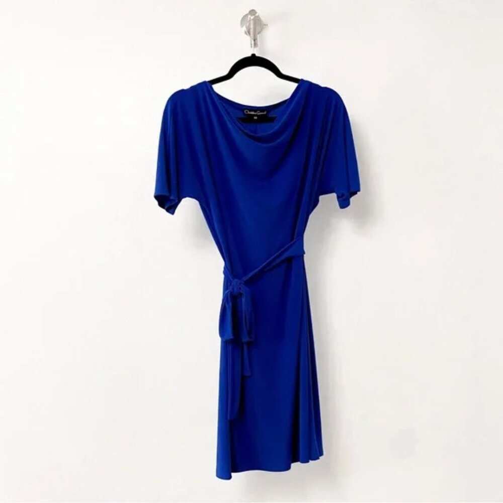 Christine Gerard Spring Chic Drape Front Short Sleeve Tie Waist Dress Blue XS‎